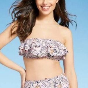 Kona Sol Pink Paisley Print Ruffle Bandeau Swim Top Size S